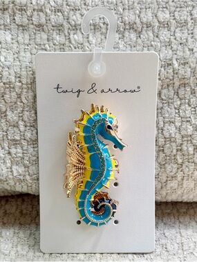 Twig & Arrow Seahorse Hair Claw Clip Metal Gold Turquoise Yellow Rhinestone New